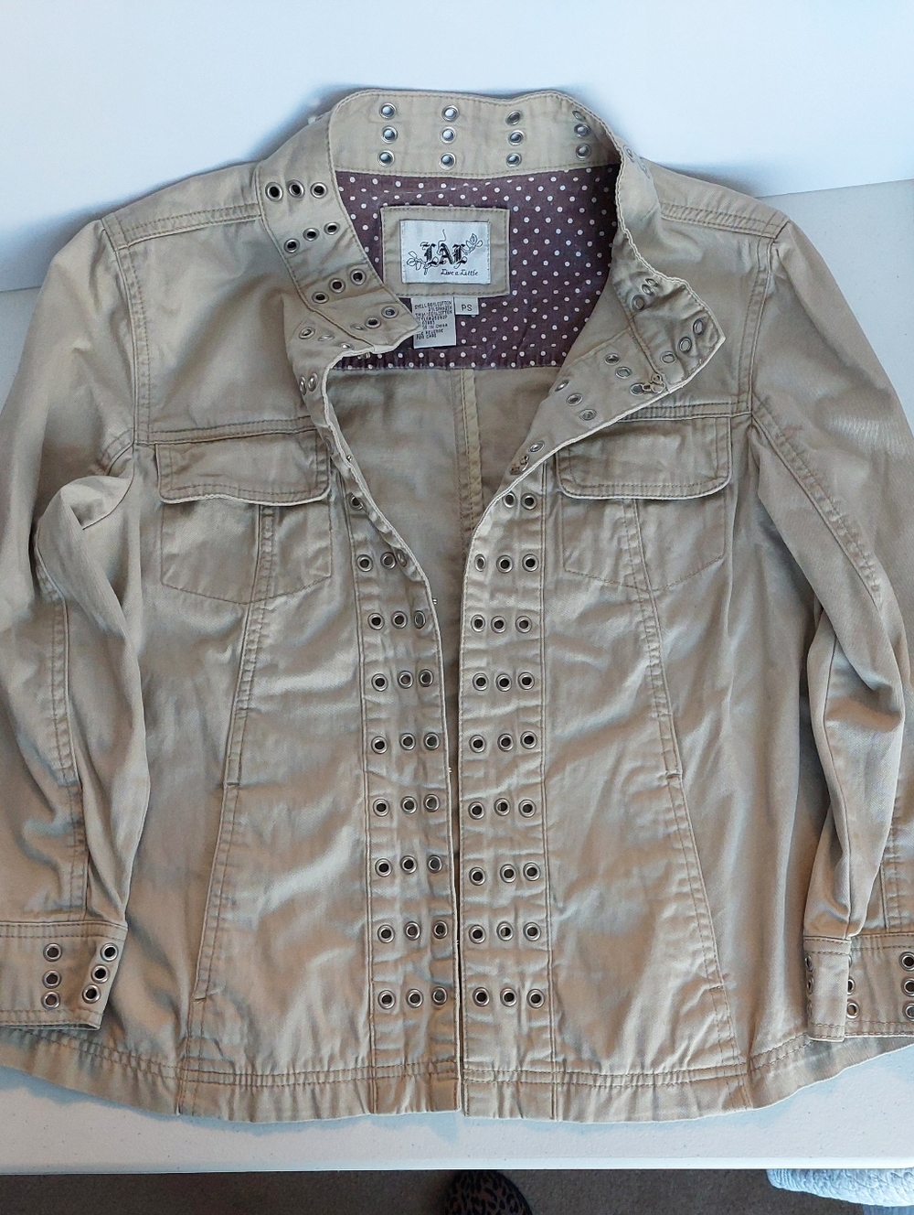 SOLD Vtg Live a Little Tan Eyelet-Trim Utility Jacket Boho Utility Military